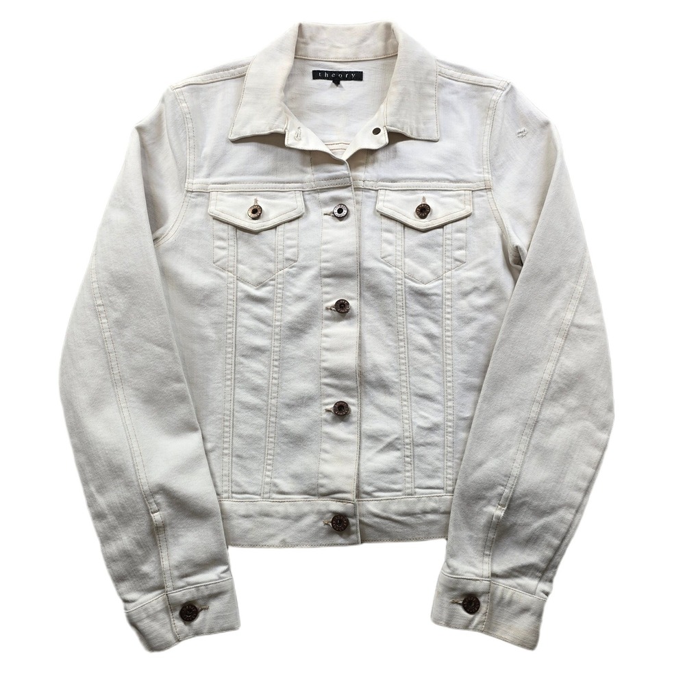 Theory Denim Jacket Womens Medium White Cream Jean Cotton Blend Trucker